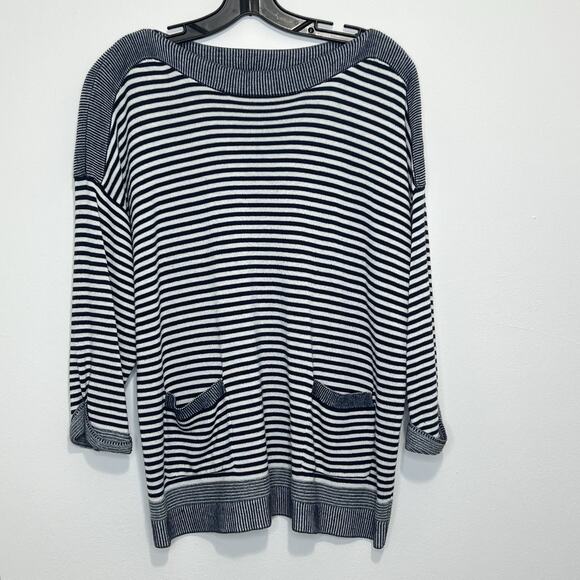 Chico's Sweaters - Chico’s Size 2 Women’s Navy White Striped Knit Tunic Sweater 3/4 Sleeve Pockets